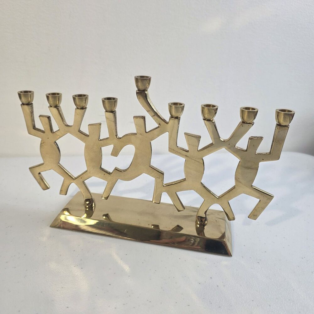 Menorah Dancing Figures Hanukkah Contemporary Artsy Metal Brass MCM India - Picture 3 of 7